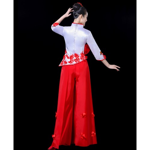Women's red with white chinesse folk dance costumes drummer dress chinese style ancient traditional yangko fan umbrella costumes